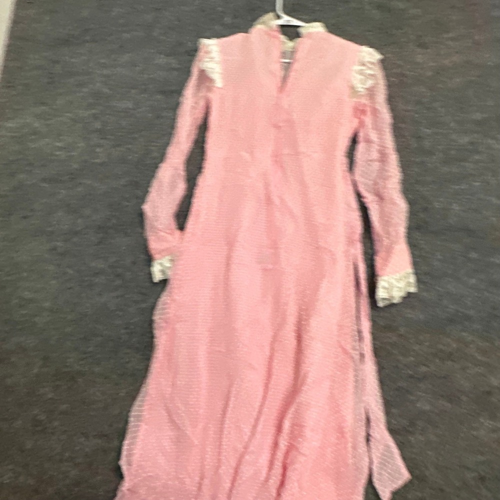 Vintage Maxi Dress Womens Size S Pink Polka Dot Lace Victorian Prairie Style
